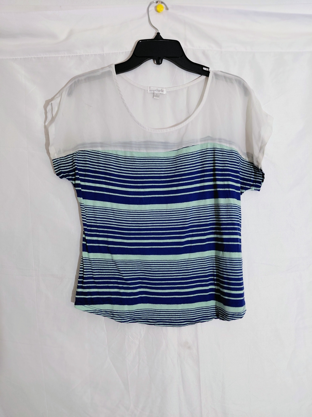 Charming Charlie Navy and Mint Striped Sheer Yoke Blouse